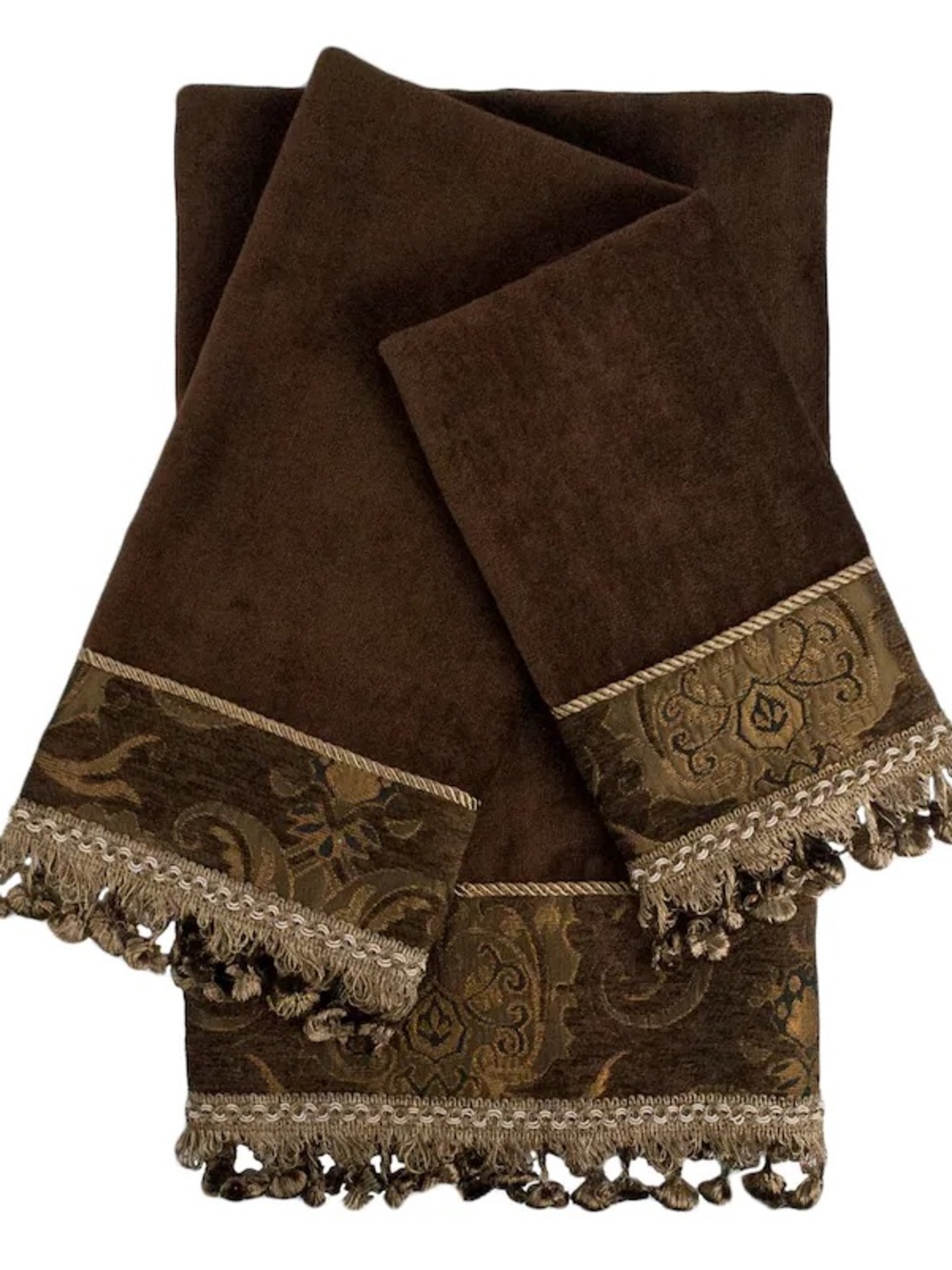 Sherry Kline China art Brown/Brown Decorative Embellished Towel Set Open/Box